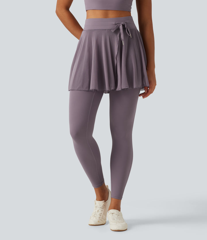 High Waisted Drawstring Mesh Dance Skirted Leggings with Pockets — Cinnabar Purple — view 1