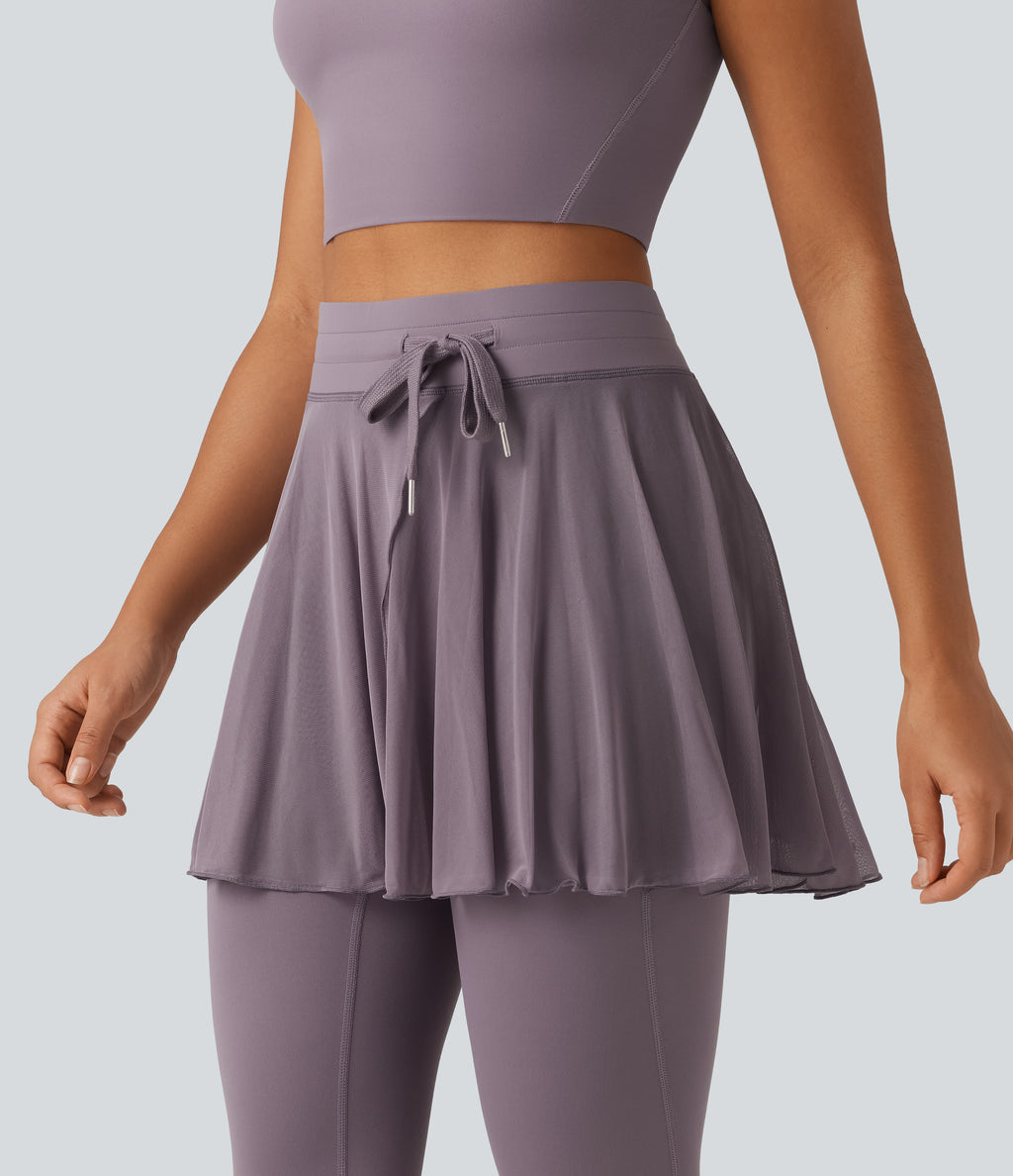 High Waisted Drawstring Mesh Dance Skirted Leggings with Pockets — Cinnabar Purple — view 5