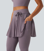 High Waisted Drawstring Mesh Dance Skirted Leggings with Pockets — Cinnabar Purple — view 6
