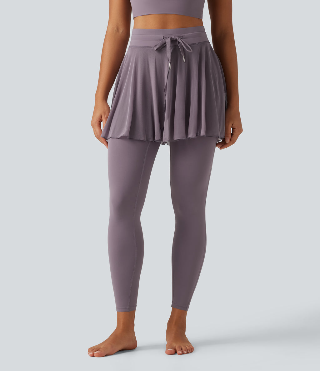 High Waisted Drawstring Mesh Dance Skirted Leggings with Pockets — Cinnabar Purple — view 4