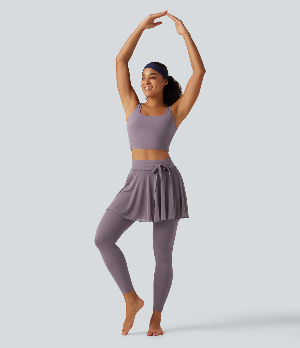 High Waisted Drawstring Mesh Dance Skirted Leggings with Pockets — Cinnabar Purple — view 8