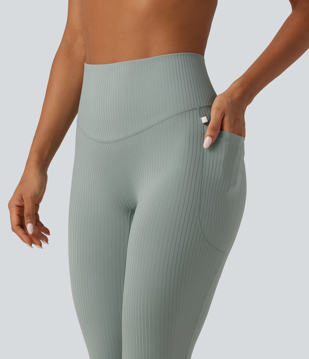 Ribbed Knit High Waisted Tummy Control Bootcut Workout Leggings with Pockets — Silver Blue — view 5