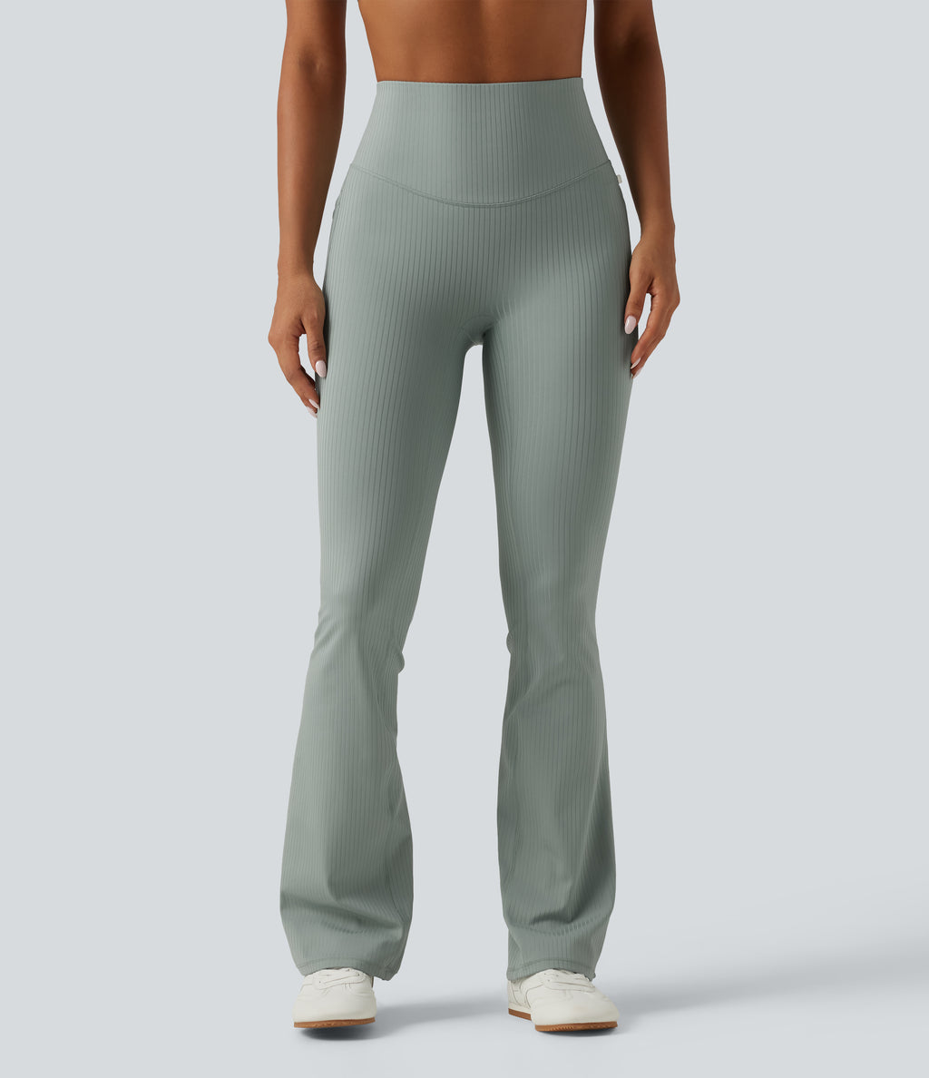 Ribbed Knit High Waisted Tummy Control Bootcut Workout Leggings with Pockets — Silver Blue — view 2