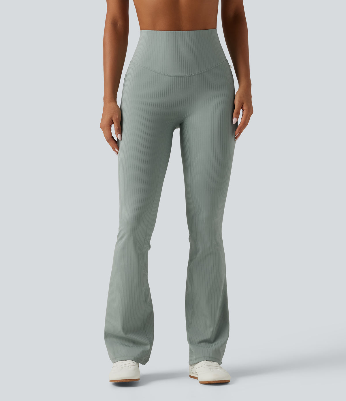 Ribbed Knit High Waisted Tummy Control Bootcut Workout Leggings with Pockets — Silver Blue — view 2