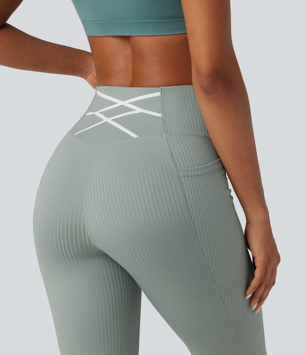 Ribbed Knit High Waisted Tummy Control Bootcut Workout Leggings with Pockets — Silver Blue — view 4