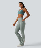 Ribbed Knit High Waisted Tummy Control Bootcut Workout Leggings with Pockets — Silver Blue — view 7
