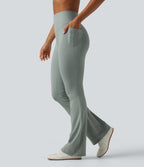 Ribbed Knit High Waisted Tummy Control Bootcut Workout Leggings with Pockets — Silver Blue — view 3