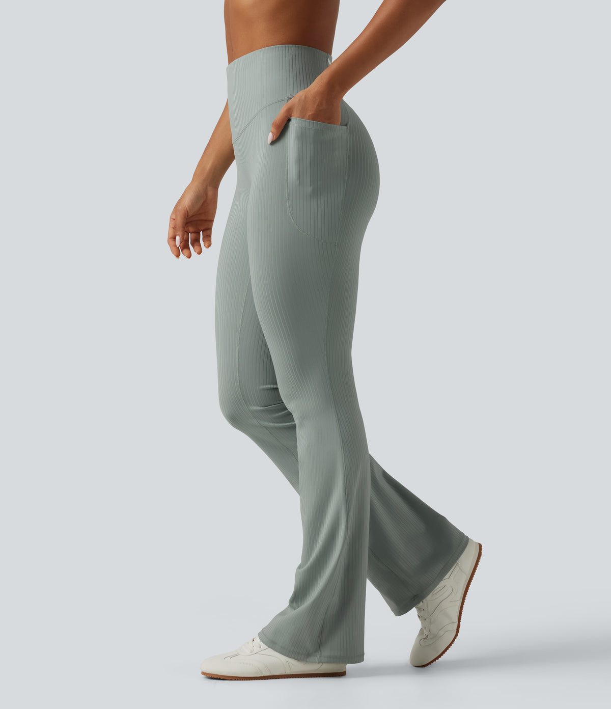 Ribbed Knit High Waisted Tummy Control Bootcut Workout Leggings with Pockets — Silver Blue — view 3