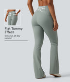 Ribbed Knit High Waisted Tummy Control Bootcut Workout Leggings with Pockets — Silver Blue — view 1