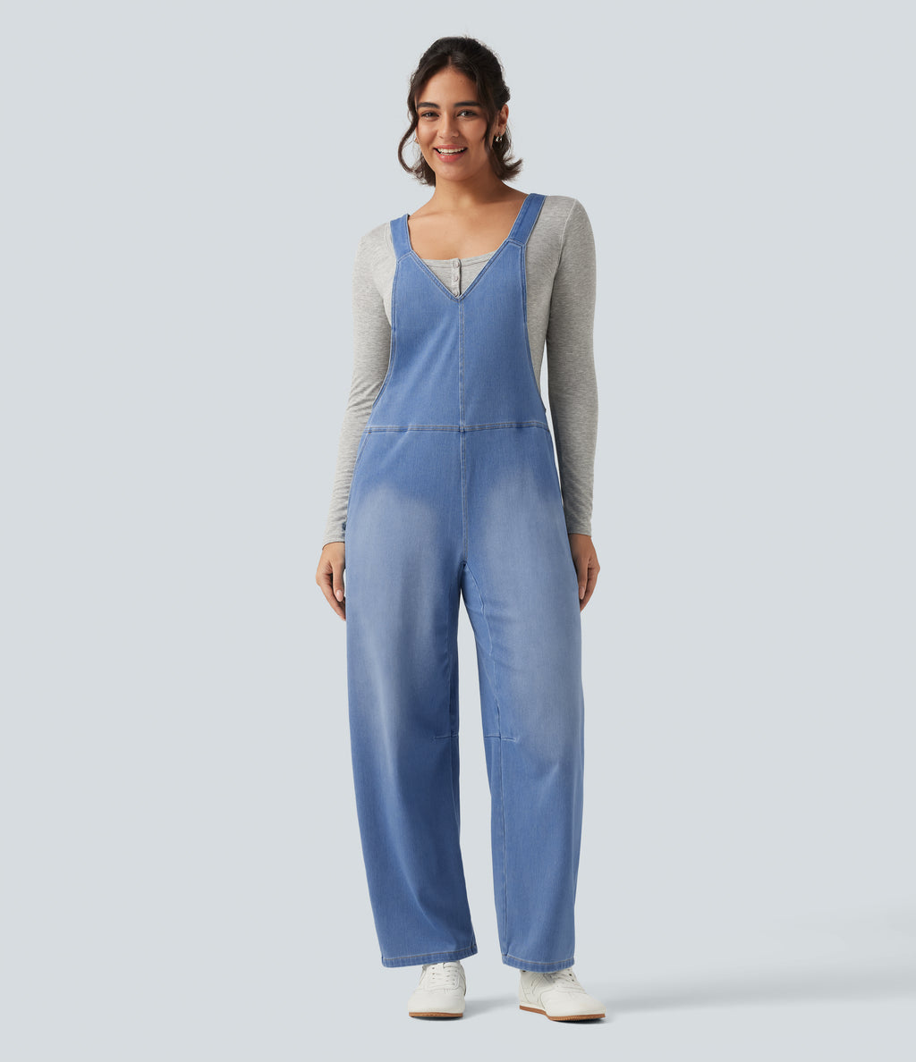 V Neck Sleeveless Barrel Leg Denim Casual Dungarees with Pockets — Powder Blue Denim — view 1