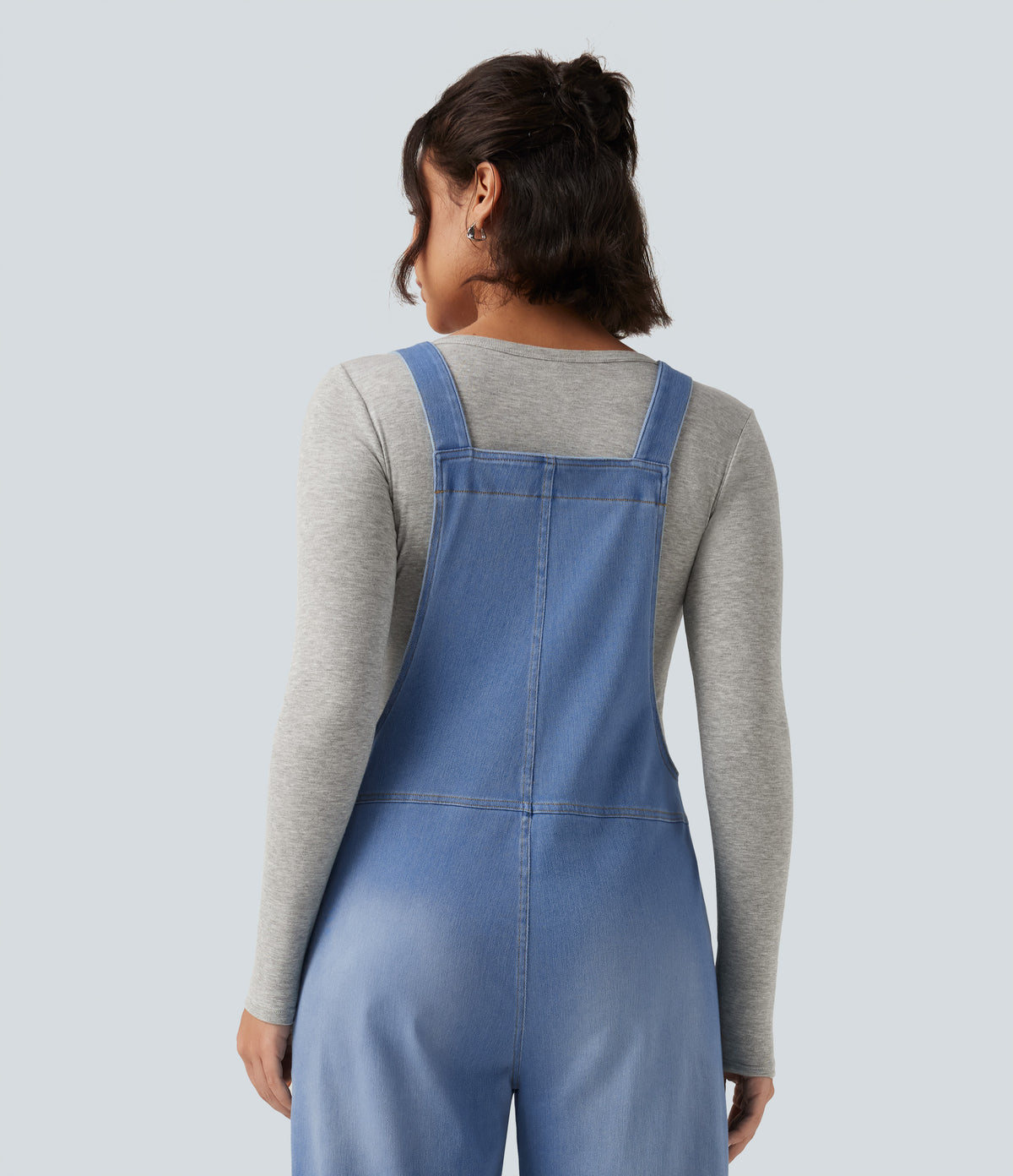 V Neck Sleeveless Barrel Leg Denim Casual Dungarees with Pockets — Powder Blue Denim — view 5