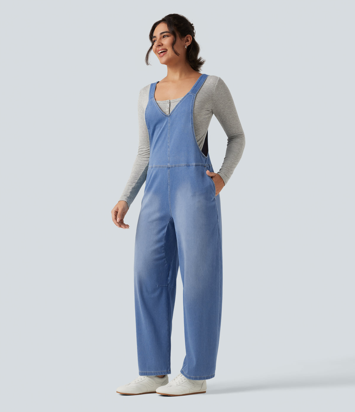 V Neck Sleeveless Barrel Leg Denim Casual Dungarees with Pockets — Powder Blue Denim — view 3