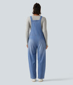 V Neck Sleeveless Barrel Leg Denim Casual Dungarees with Pockets — Powder Blue Denim — view 2
