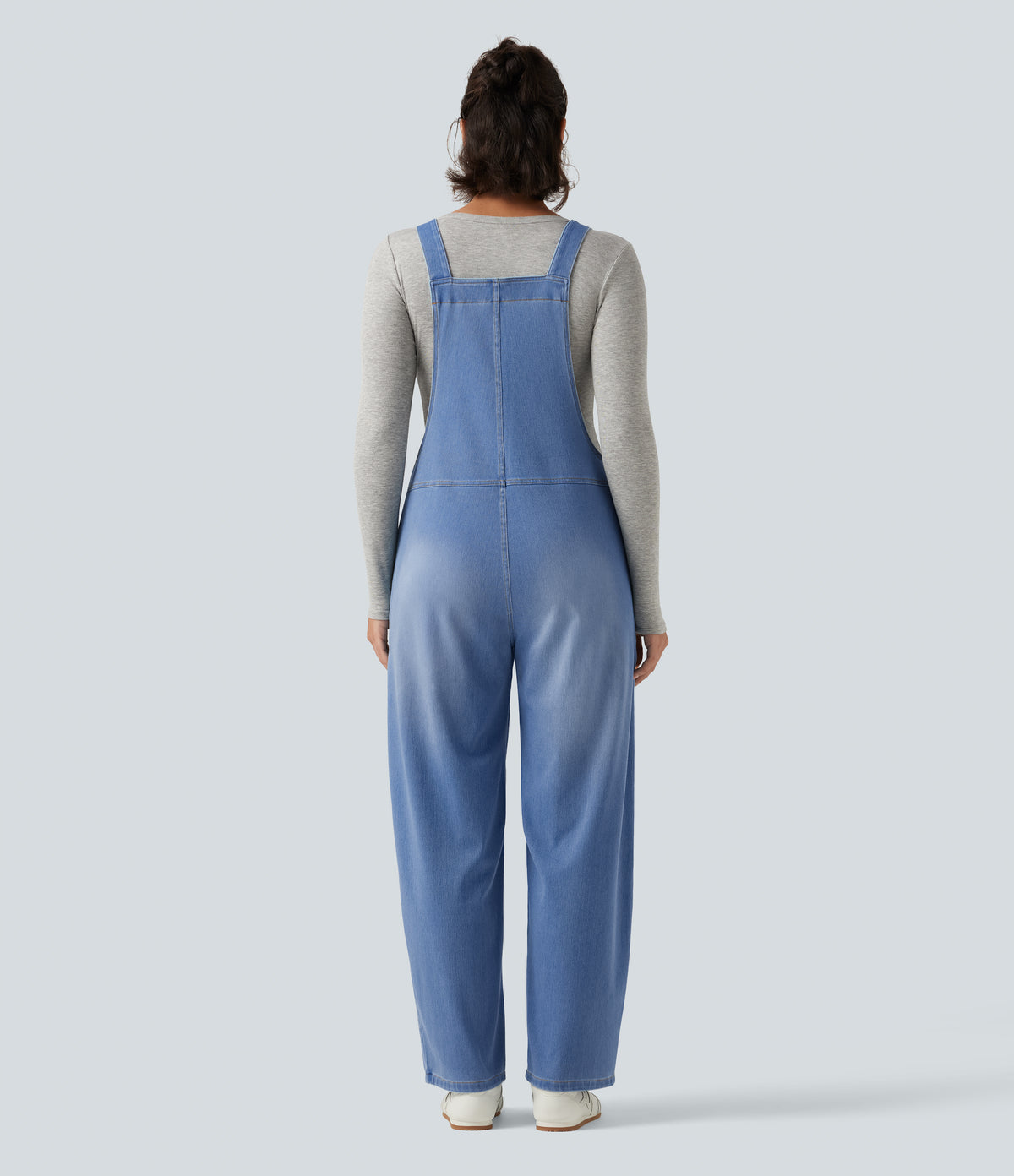 V Neck Sleeveless Barrel Leg Denim Casual Dungarees with Pockets — Powder Blue Denim — view 2