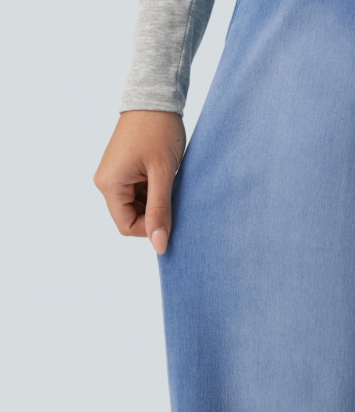 V Neck Sleeveless Barrel Leg Denim Casual Dungarees with Pockets — Powder Blue Denim — view 6