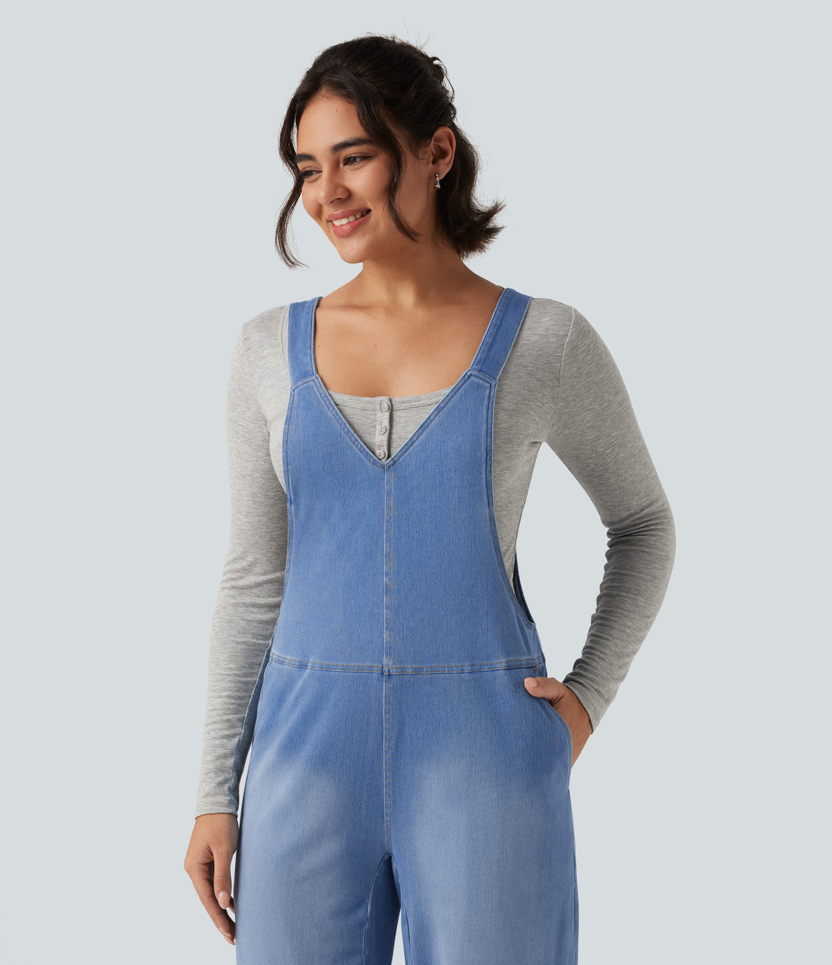 V Neck Sleeveless Barrel Leg Denim Casual Dungarees with Pockets — Powder Blue Denim — view 4