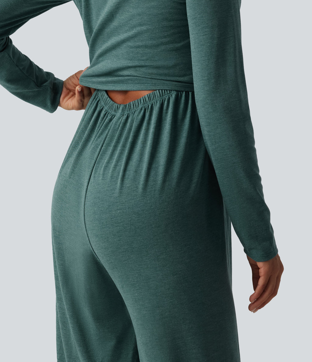 Scoop Neck Long Sleeve Built-in Bra Wide Leg Ruched Casual Jumpsuit with Pockets-Edition — Jade Green Floral Yarn — view 4