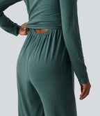 Scoop Neck Long Sleeve Built-in Bra Wide Leg Ruched Casual Jumpsuit with Pockets-Edition — Jade Green Floral Yarn — view 4
