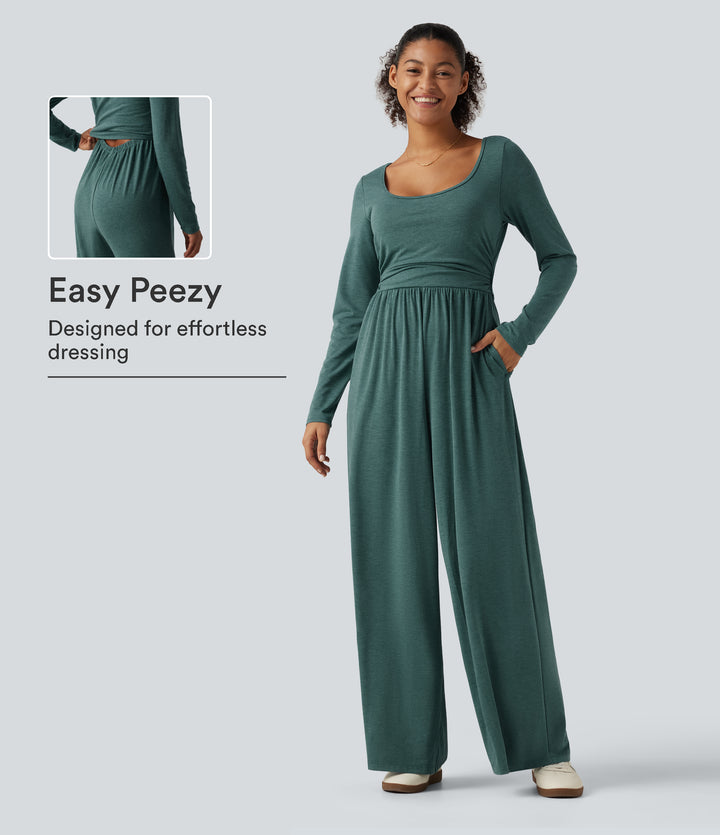 Scoop Neck Long Sleeve Built-in Bra Wide Leg Ruched Casual Jumpsuit with Pockets-Edition — Jade Green Floral Yarn — view 1