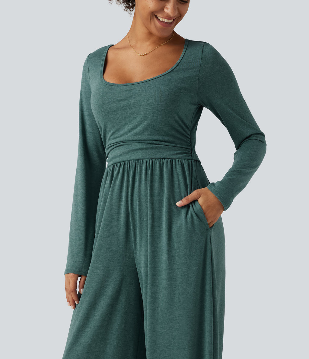 Scoop Neck Long Sleeve Built-in Bra Wide Leg Ruched Casual Jumpsuit with Pockets-Edition — Jade Green Floral Yarn — view 5