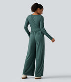Scoop Neck Long Sleeve Built-in Bra Wide Leg Ruched Casual Jumpsuit with Pockets-Edition — Jade Green Floral Yarn — view 2