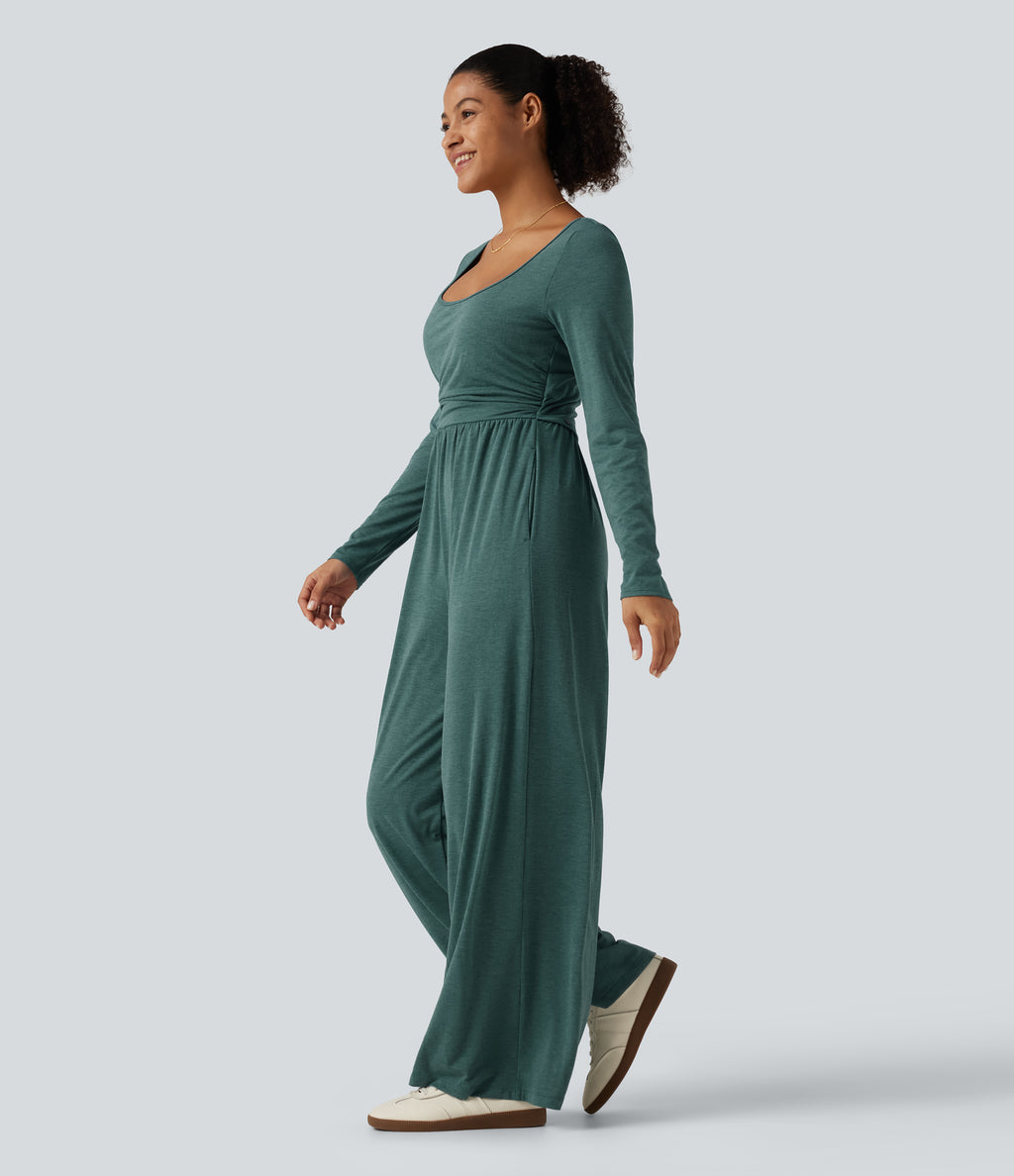 Scoop Neck Long Sleeve Built-in Bra Wide Leg Ruched Casual Jumpsuit with Pockets-Edition — Jade Green Floral Yarn — view 3