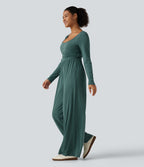 Scoop Neck Long Sleeve Built-in Bra Wide Leg Ruched Casual Jumpsuit with Pockets-Edition — Jade Green Floral Yarn — view 3