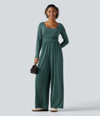 Scoop Neck Long Sleeve Built-in Bra Wide Leg Ruched Casual Jumpsuit with Pockets-Edition — Jade Green Floral Yarn — view 7