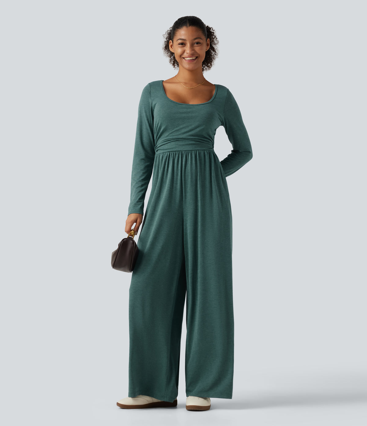 Scoop Neck Long Sleeve Built-in Bra Wide Leg Ruched Casual Jumpsuit with Pockets-Edition — Jade Green Floral Yarn — view 7