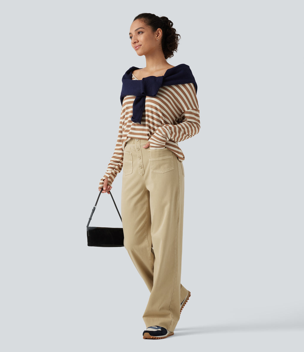 High Waisted Straight Leg Colorful Casual Jeans with Pockets — Warm Clay Khaki — view 7