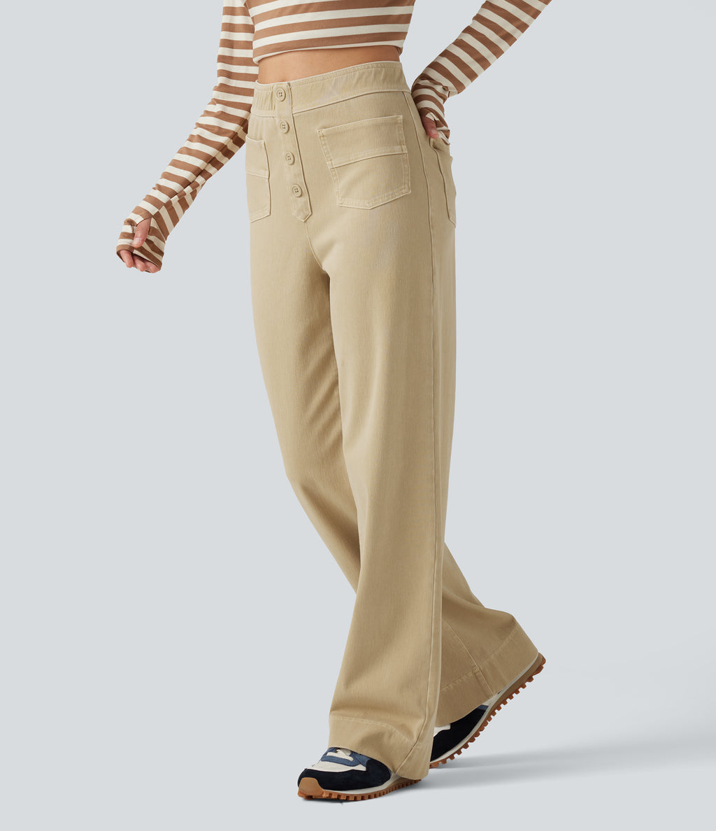 High Waisted Straight Leg Colorful Casual Jeans with Pockets — Warm Clay Khaki — view 3