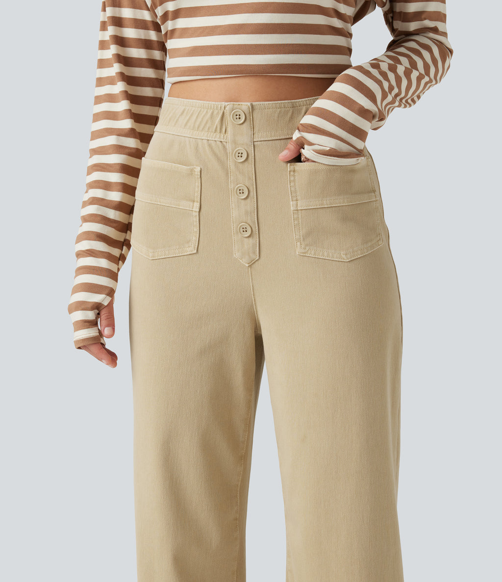 High Waisted Straight Leg Colorful Casual Jeans with Pockets — Warm Clay Khaki — view 4