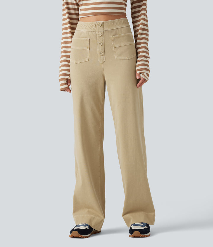 High Waisted Straight Leg Colorful Casual Jeans with Pockets — Warm Clay Khaki — view 1
