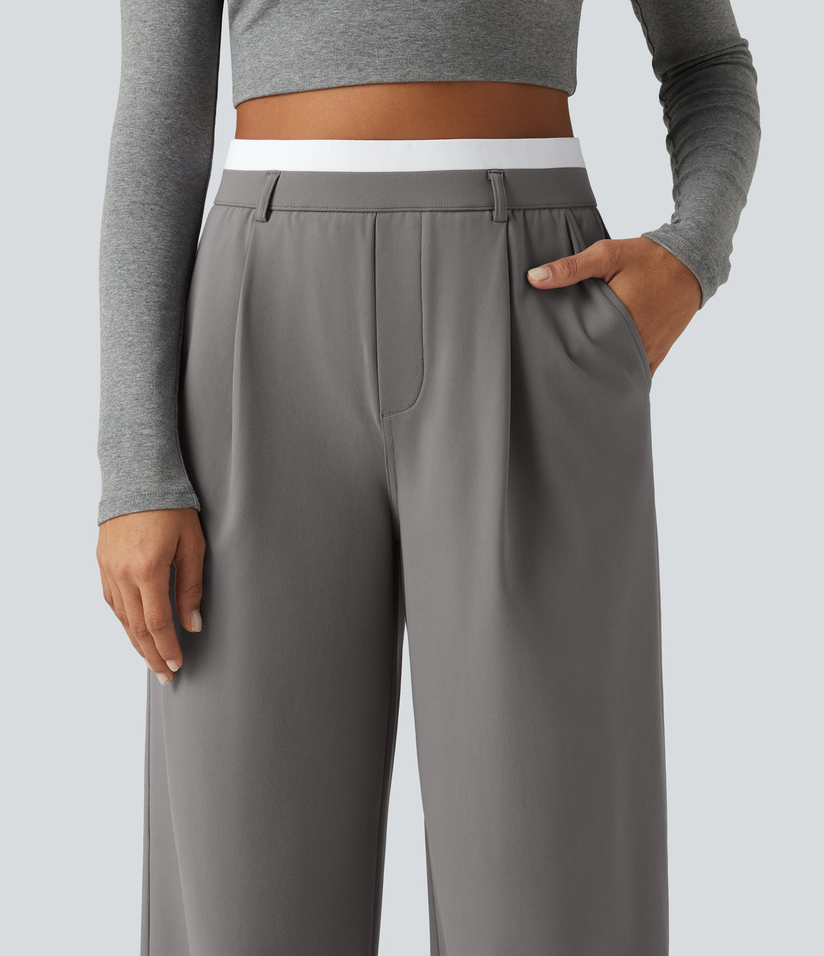 High Waisted Straight Leg Work Trousers with Pockets — Silent Storm — view 4