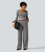 High Waisted Straight Leg Work Trousers with Pockets — Silent Storm — view 7