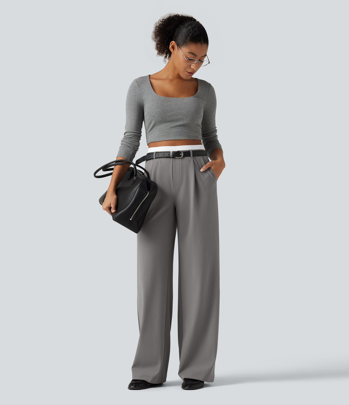 High Waisted Straight Leg Work Trousers with Pockets — Silent Storm — view 7