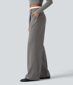 High Waisted Straight Leg Work Trousers with Pockets — Silent Storm — view 3