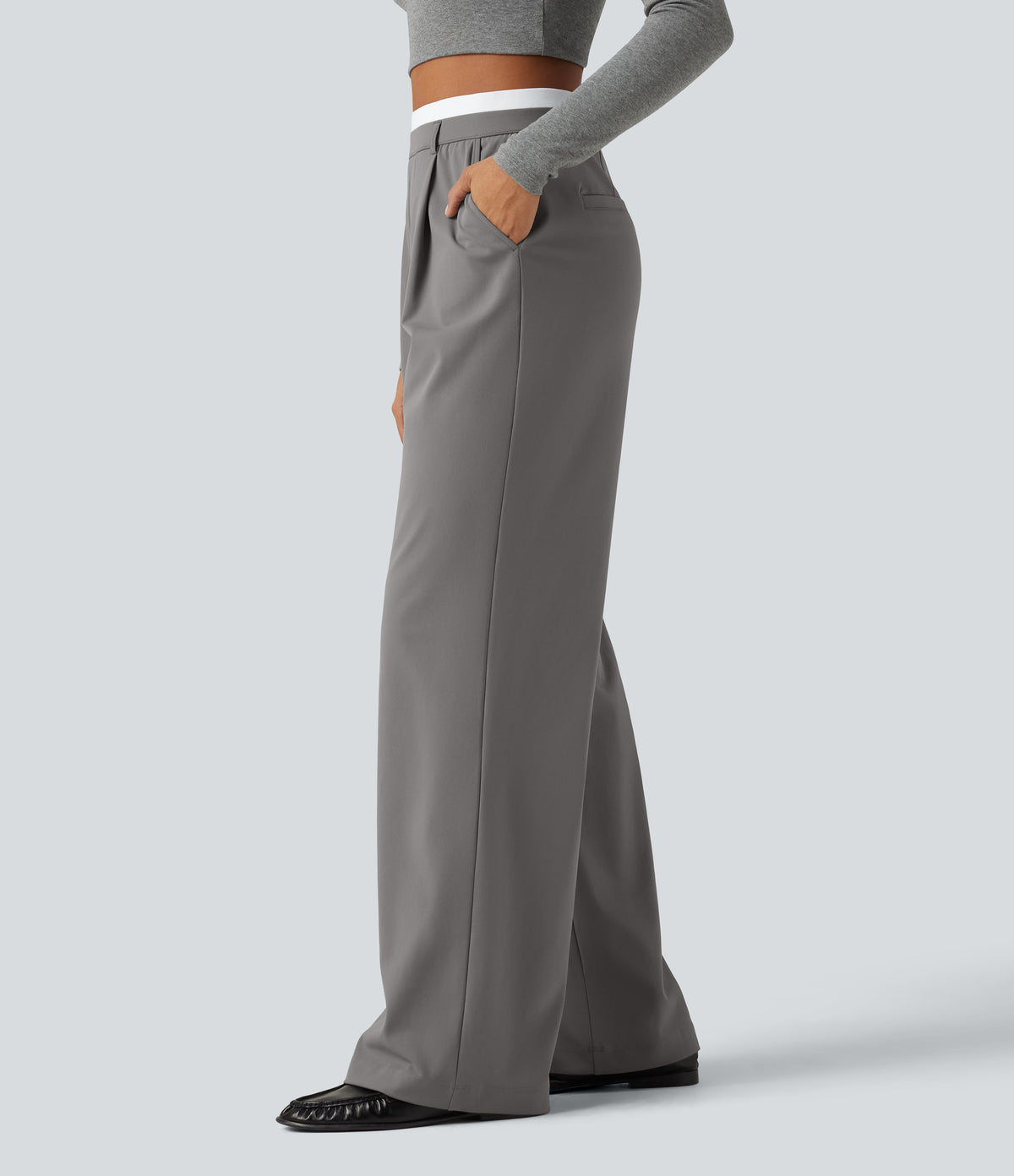 High Waisted Straight Leg Work Trousers with Pockets — Silent Storm — view 3