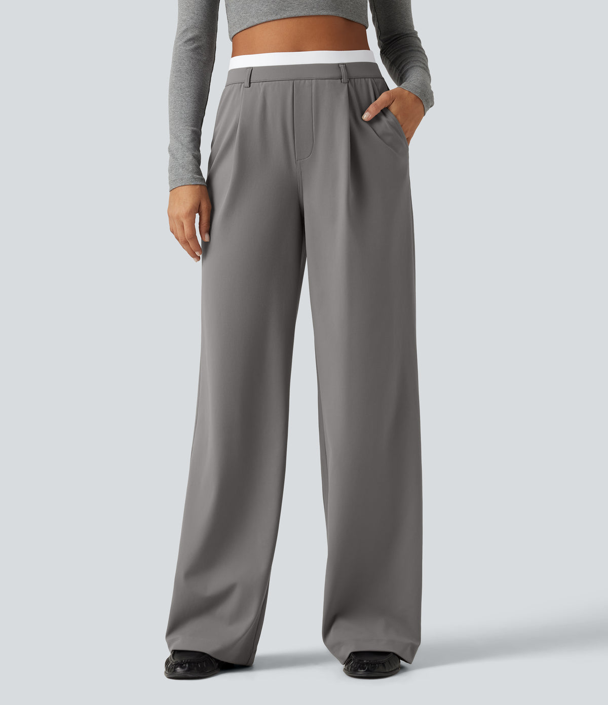 High Waisted Straight Leg Work Trousers with Pockets — Silent Storm — view 1