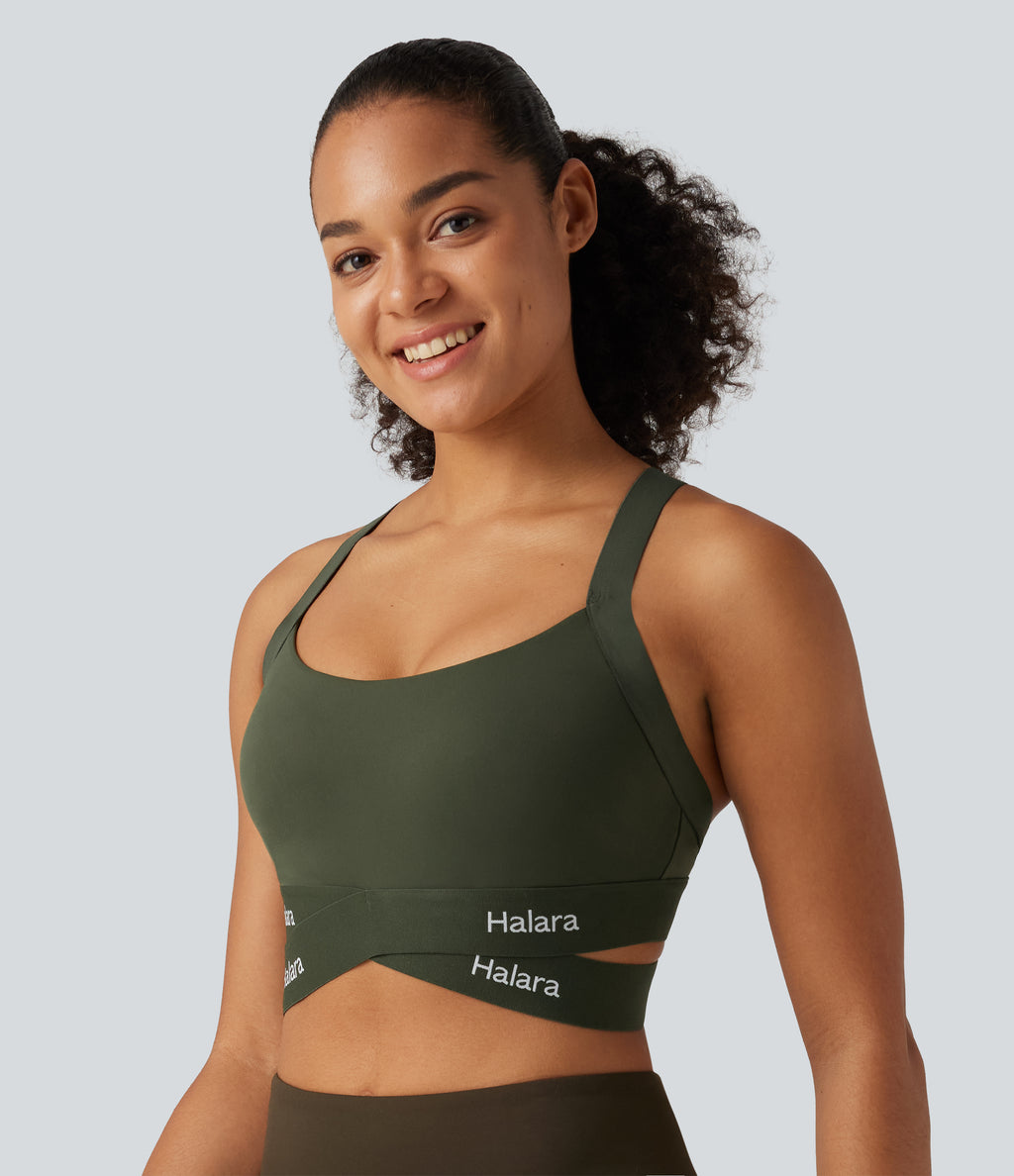 Medium Support U Neck Crossover Training Sports Bra with Non-Removable Pad — Deep Woodland Green — view 3