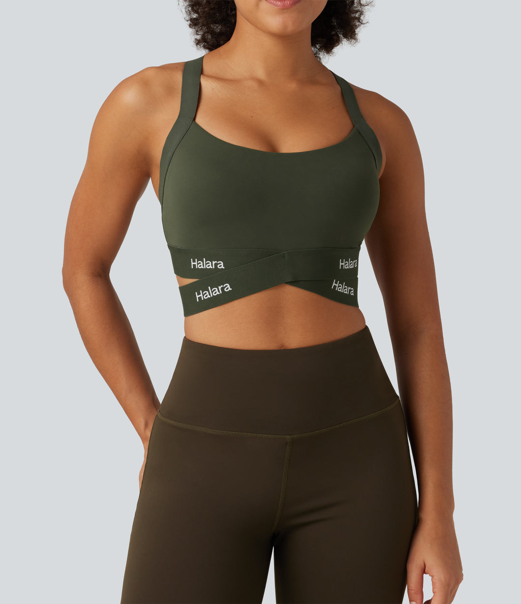 Medium Support U Neck Crossover Training Sports Bra with Non-Removable Pad — Deep Woodland Green — view 5