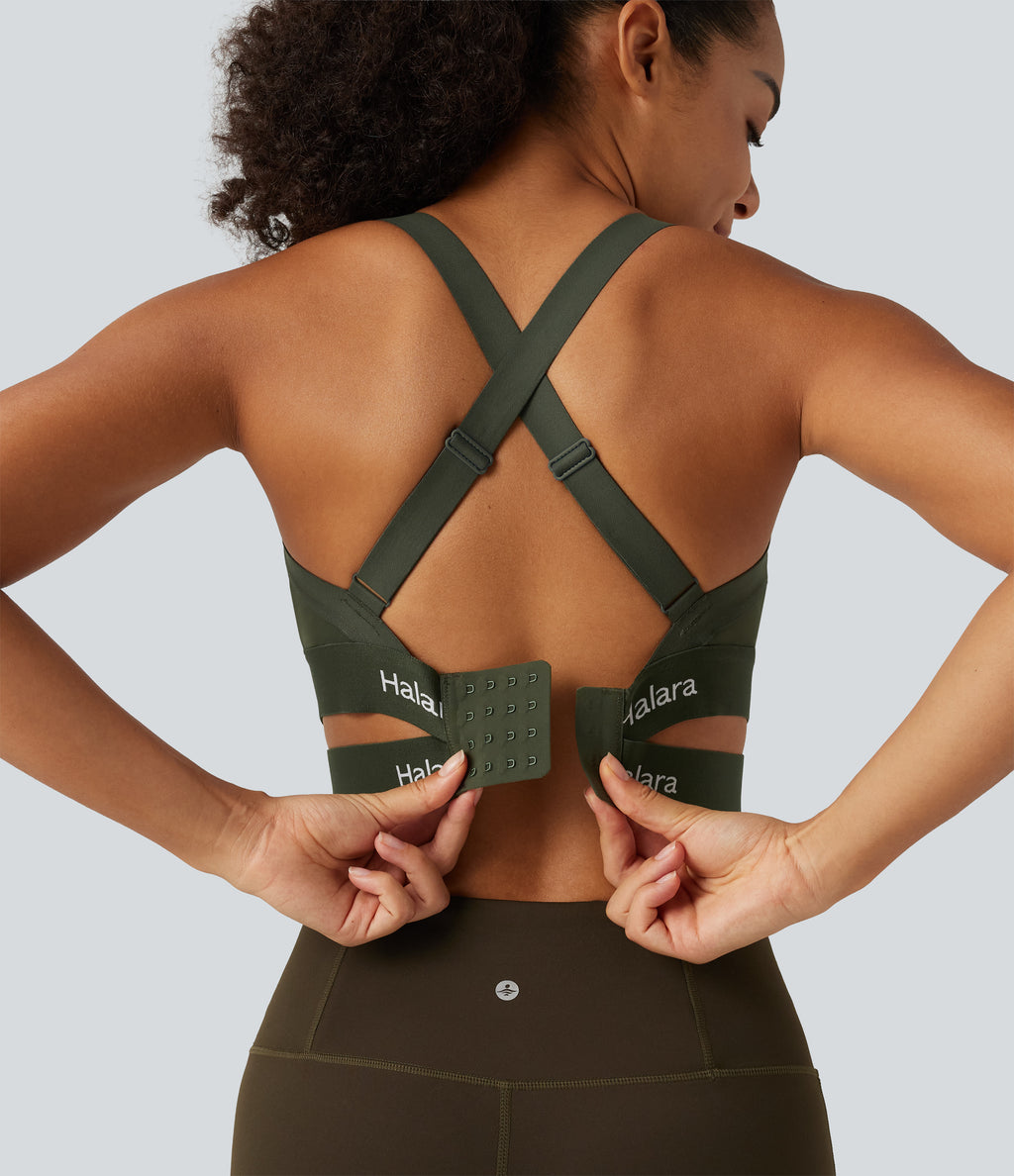Medium Support U Neck Crossover Training Sports Bra with Non-Removable Pad — Deep Woodland Green — view 6