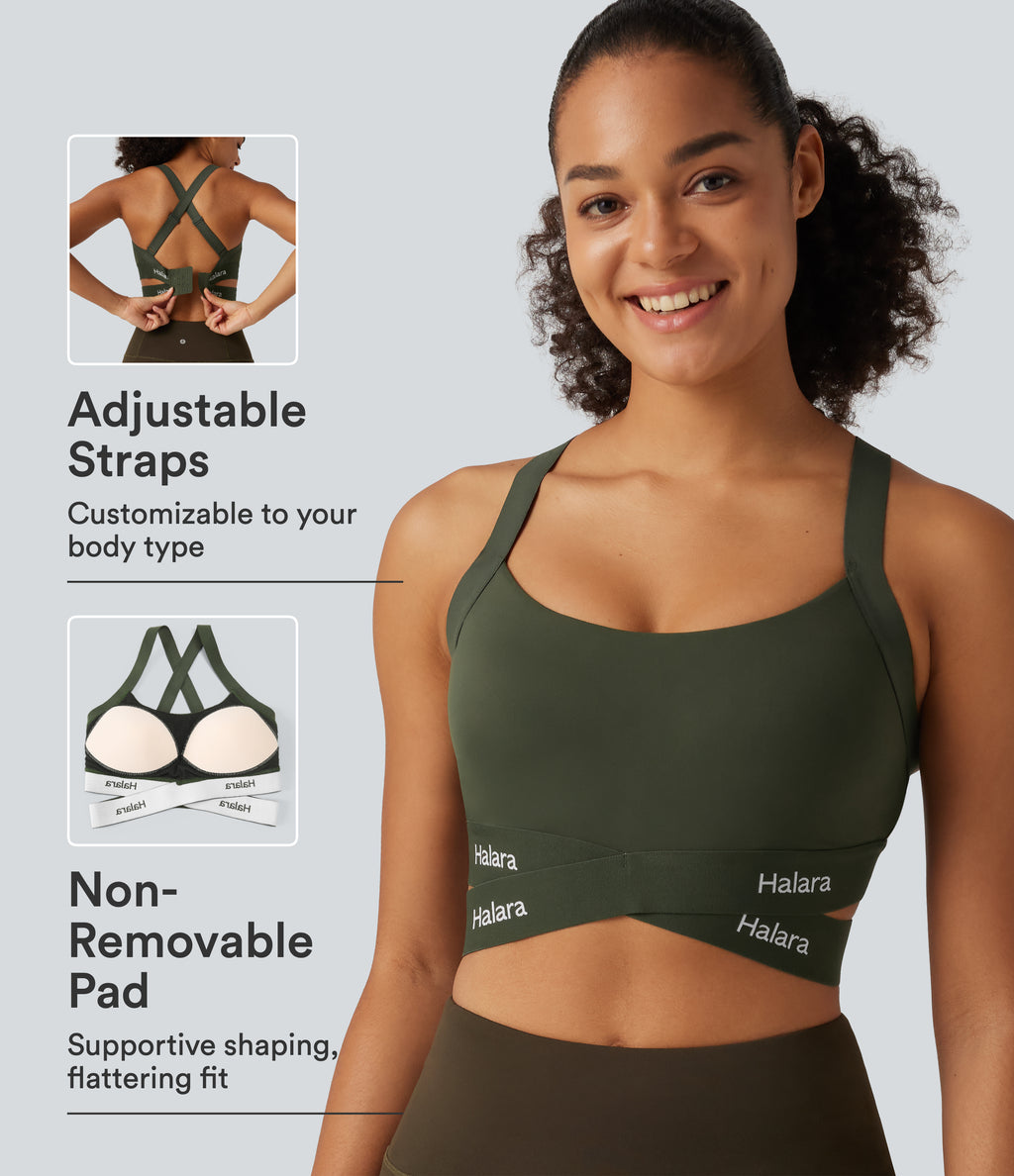 Medium Support U Neck Crossover Training Sports Bra with Non-Removable Pad — Deep Woodland Green — view 1