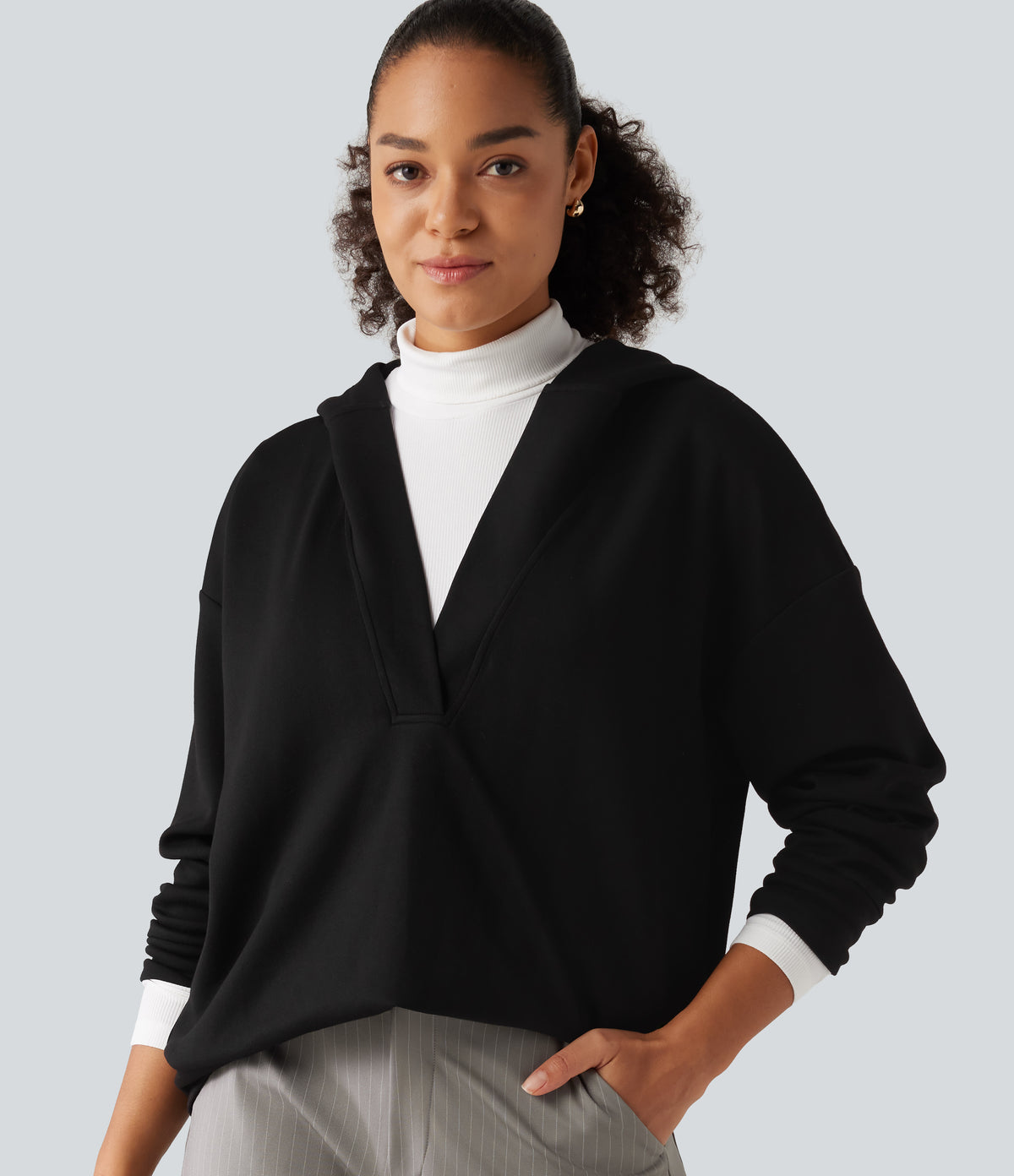 Hooded Dropped Shoulder Long Sleeve Work Sweatshirt — Black — view 1