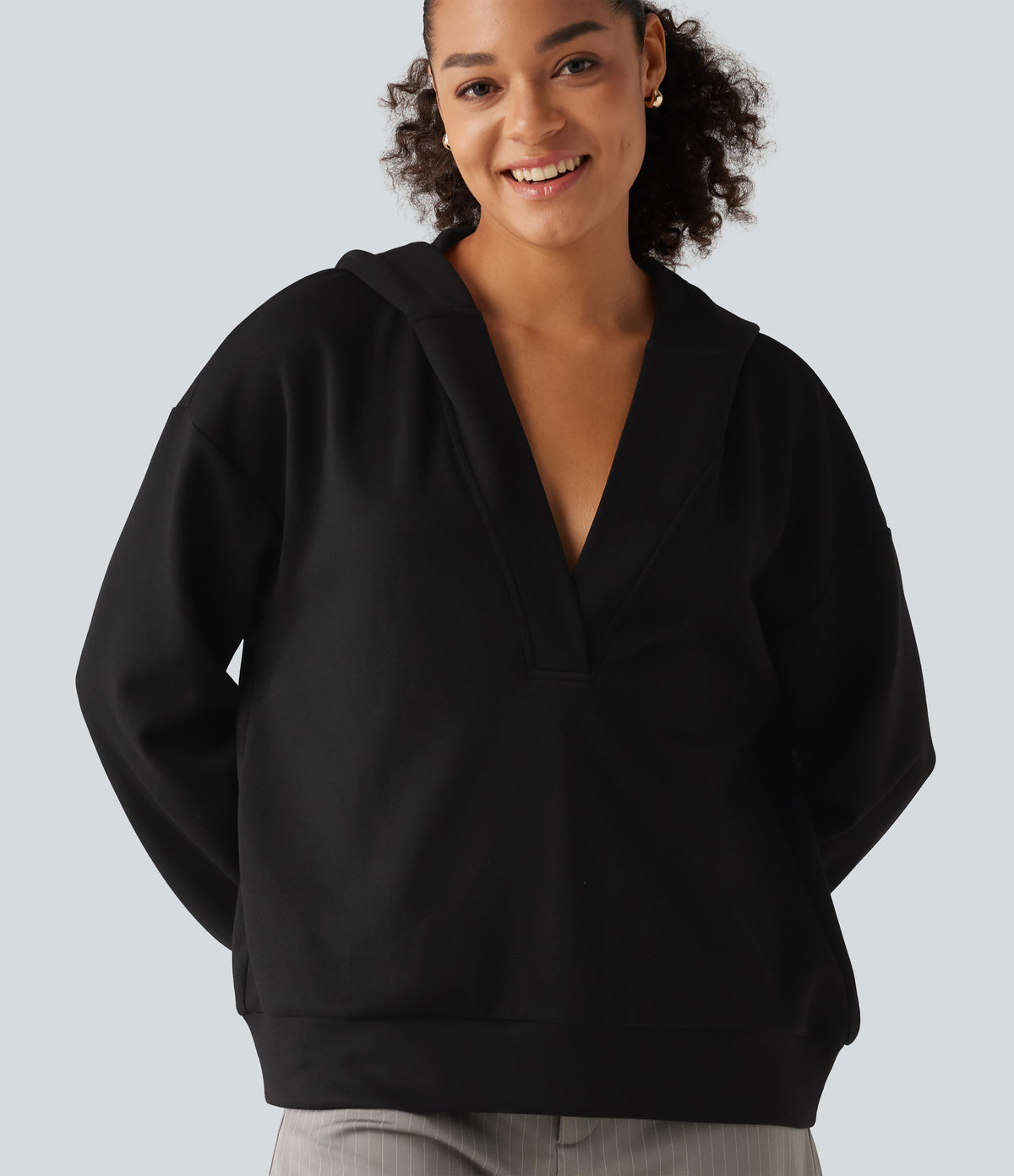 Hooded Dropped Shoulder Long Sleeve Work Sweatshirt — Black — view 6