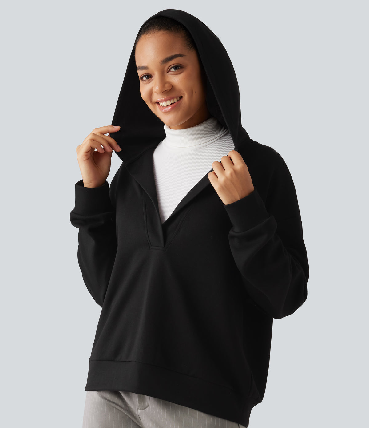 Hooded Dropped Shoulder Long Sleeve Work Sweatshirt — Black — view 5