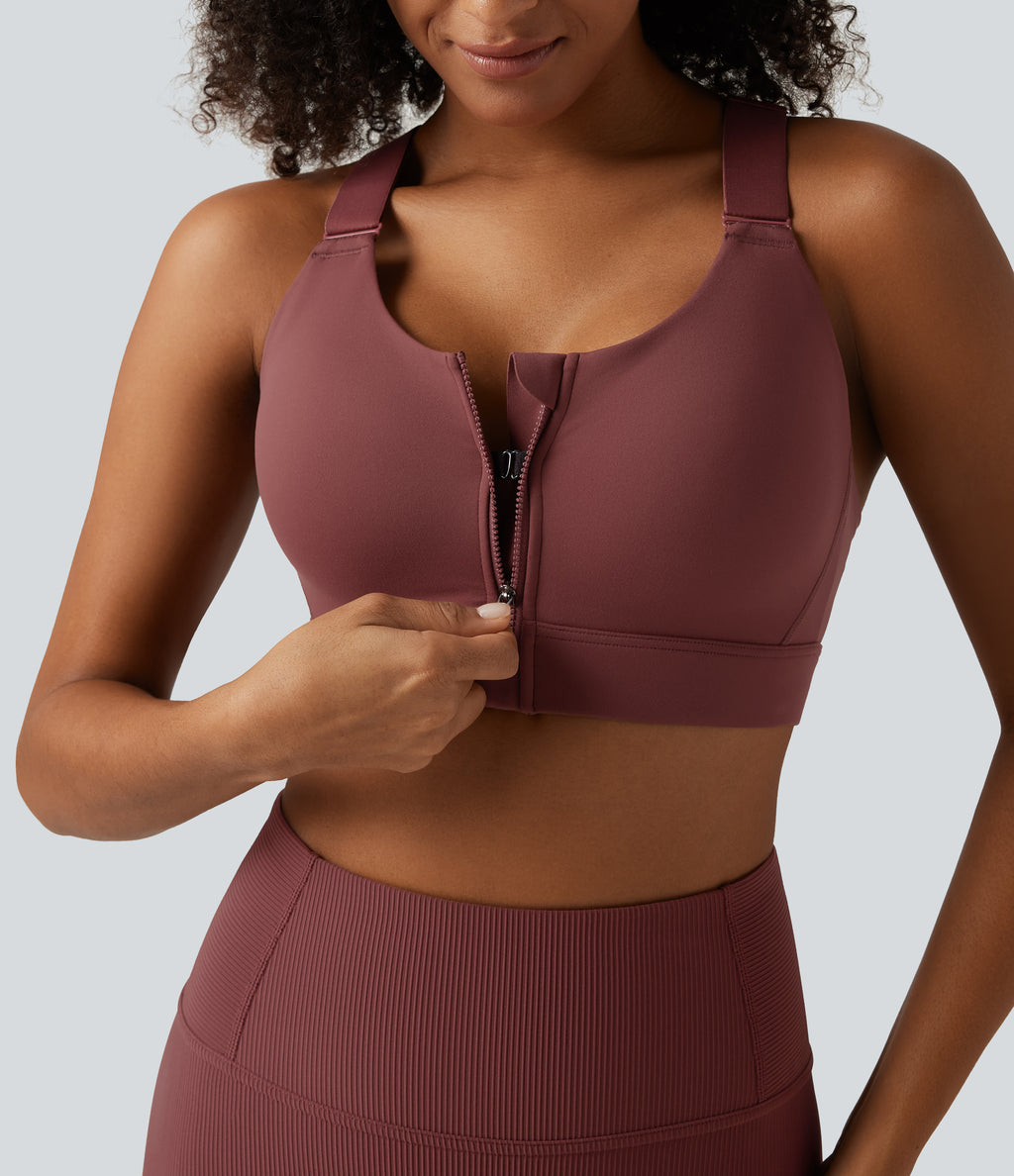 High Support U Neck Adjustable Straps Training Sports Bra with Non-Removable Pad — Sable — view 4
