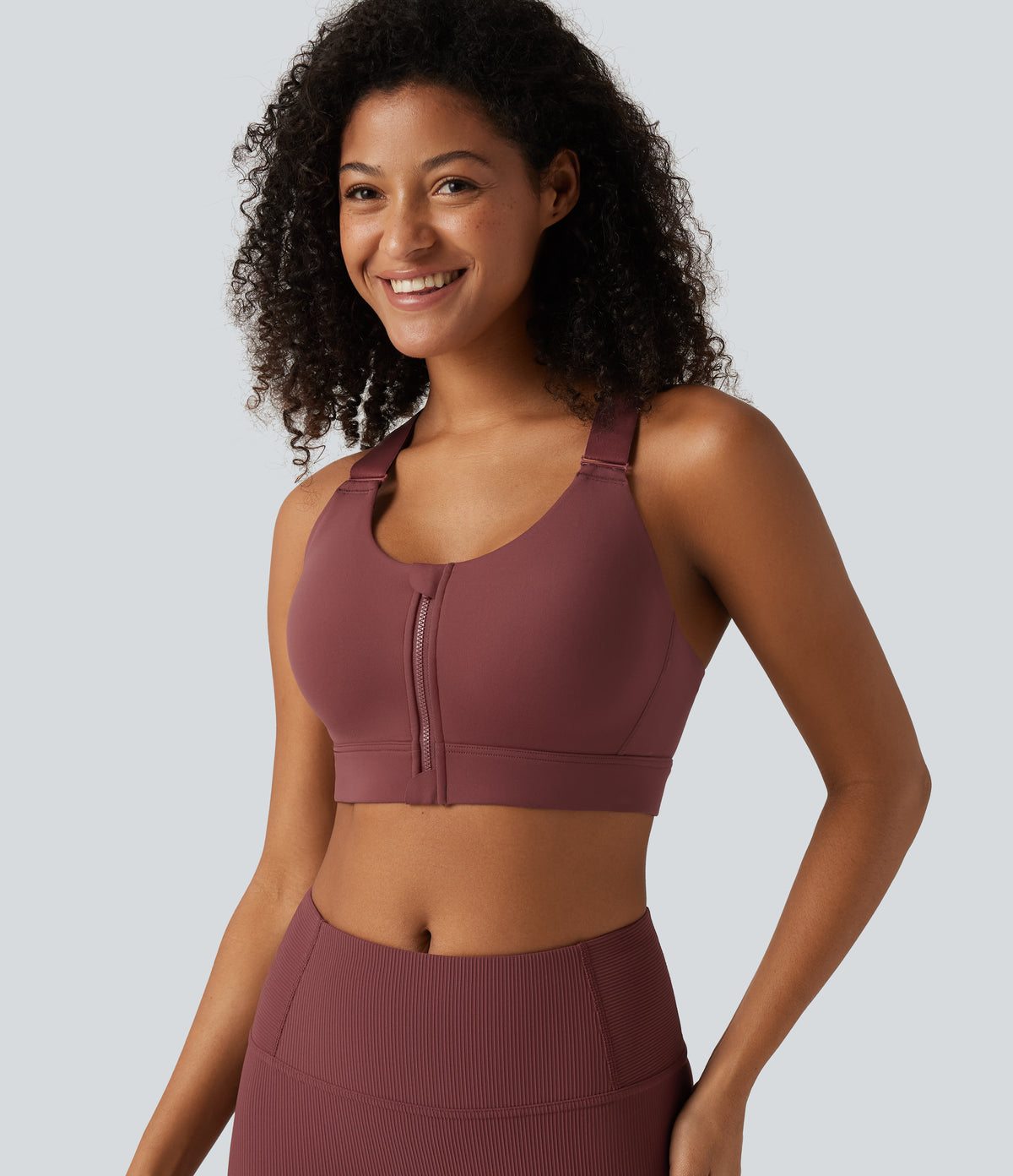 High Support U Neck Adjustable Straps Training Sports Bra with Non-Removable Pad — Sable — view 7