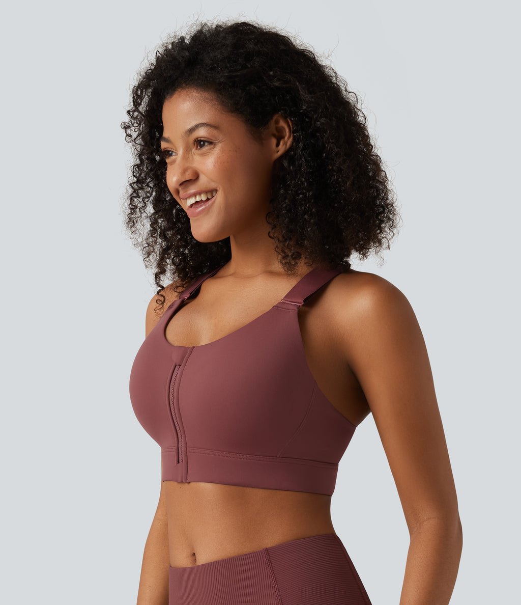 High Support U Neck Adjustable Straps Training Sports Bra with Non-Removable Pad — Sable — view 3