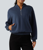 Stand Collar Long Sleeve Casual Cotton Sweatshirt with Pockets — Black Iris — view 4